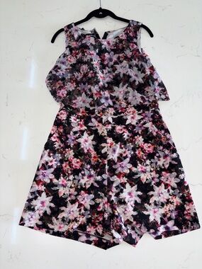 bebe Floral Tiered Romper in Black, Pink & White